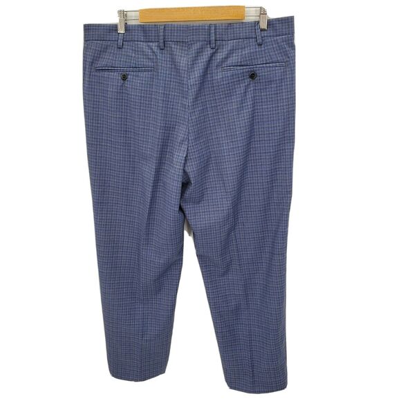 New Zanella Devon Flat Front Wool Serge Trouser Dress Pants Blue Plaid Size 36 - Picture 2 of 4